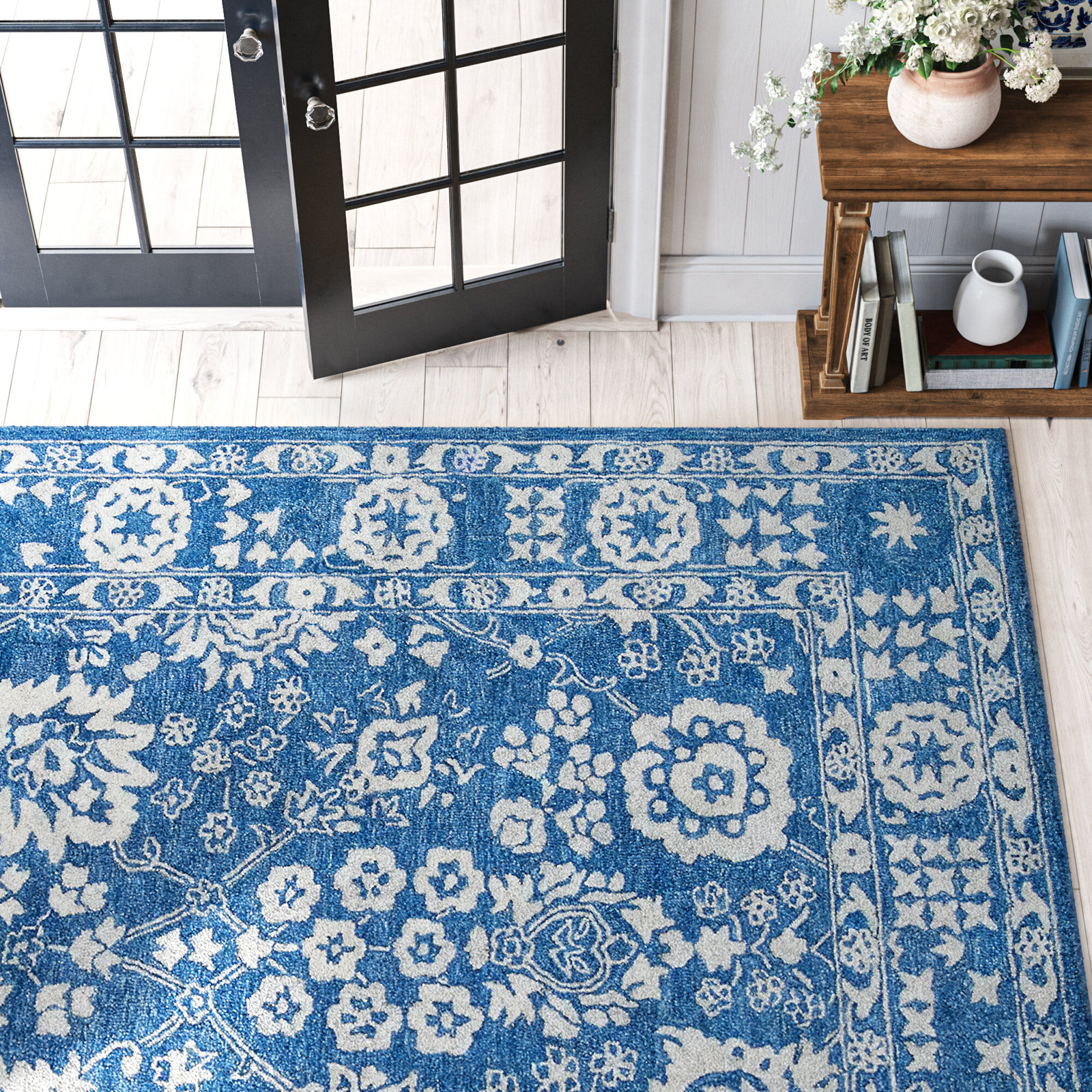 Cece Blue White Hand-Tufted Wool Oriental Rug, Rectangle 3'6" x 5'6"