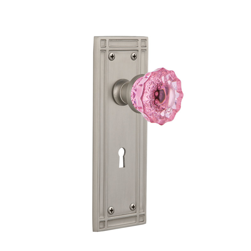 Plaque de mission avec trou de serrure décoratif et poignée de porte rose cristal, Nickel satiné