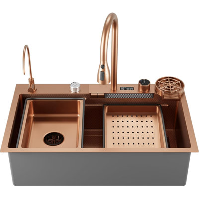 Évier de cuisine encastré en acier inoxydable de 33 po x 22 po 3STARZ, évier de station de travail à simple cuve avec robinet cascade, affichage de la température à DEL et jets d'eau à DEL multicolores