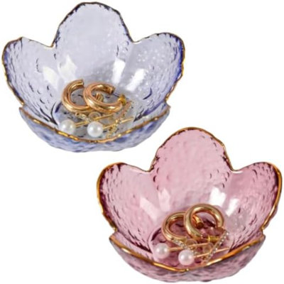 2 Pcs Flower Glass Trinket Dish Ring Jewelry Trays Small Decorative Accessory Storage Bowl Suitable for High-End Small Gifts for Mother's Day Birthdays（Gray+Deep Pink）