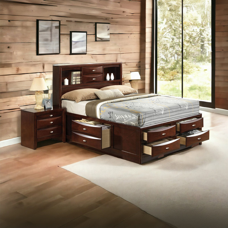 Ensemble de chambre à coucher moderne 6 pièces comprenant une base de lit, une commode, une commode, un miroir et 2 tables de chevet