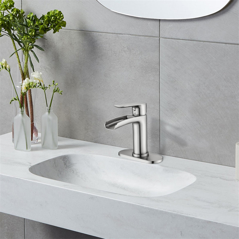 Waterfall Bathroom Faucet Single Handle Bathroom Sink Faucets 1 Or 3 Hole Solid Vanity Faucet With Deck Plate & Overflow Pop Up Drain