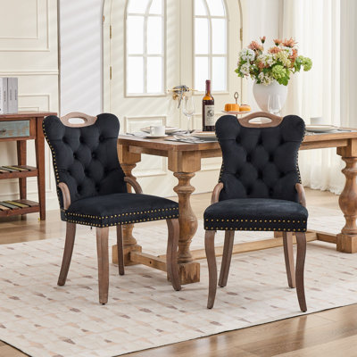 Hand Button Tufted Upholstered Dining Chairs Set of 2 with Solid Wood Armrests and Copper Nailhead Trim