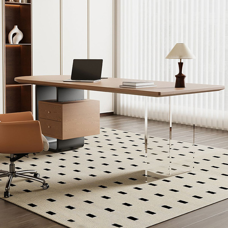 Bureau brun / noir + demi-cercle en bois massif + acier + acrylique avec 2 tiroirs, Left Hand Return