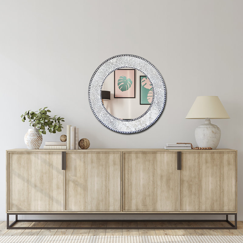 Artisan Silver Mosaic 24'' Round Wood & Glass Wall Mirror