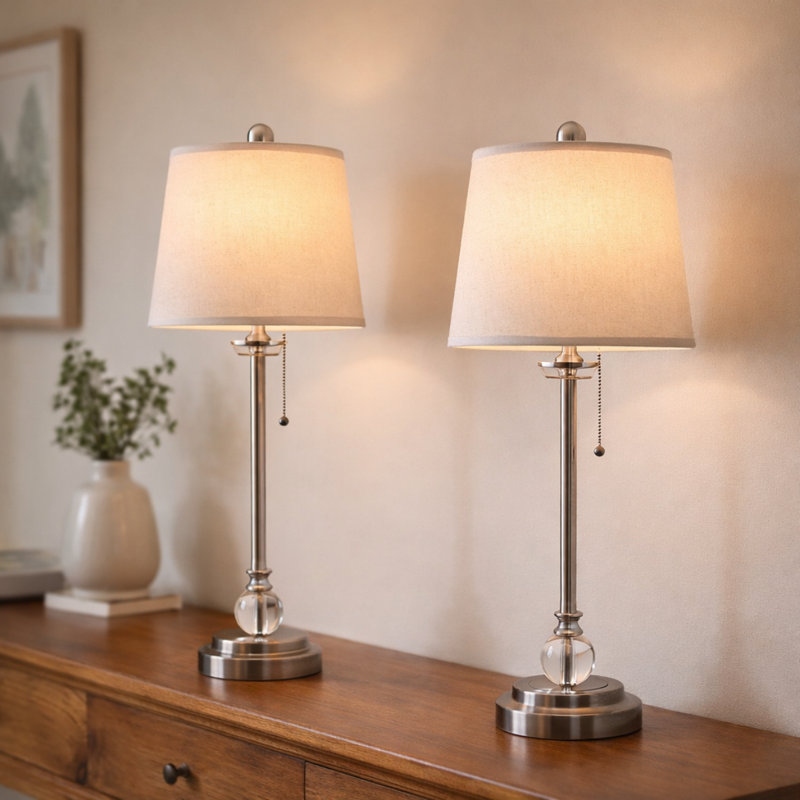 Ensemble de 2 lampes de table 28 po Royal Designs, Inc., finition nickel brossé, abat-jour rigide en lin blanc
