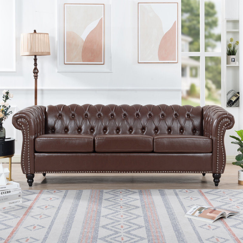 Deaneen 83.85'' Faux Leather Sofa, Brown Faux Leather