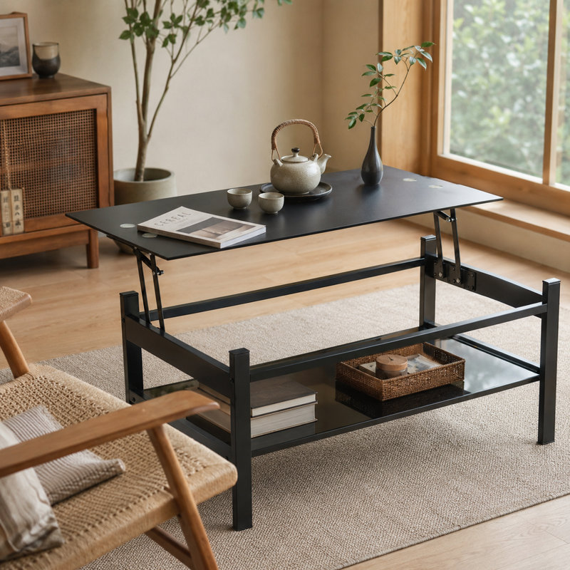 Table basse à plateau relevable en verre avec compartiment de rangement et tablettes ouvertes séparées, plateau de table relevable pour salon, bureau, noir