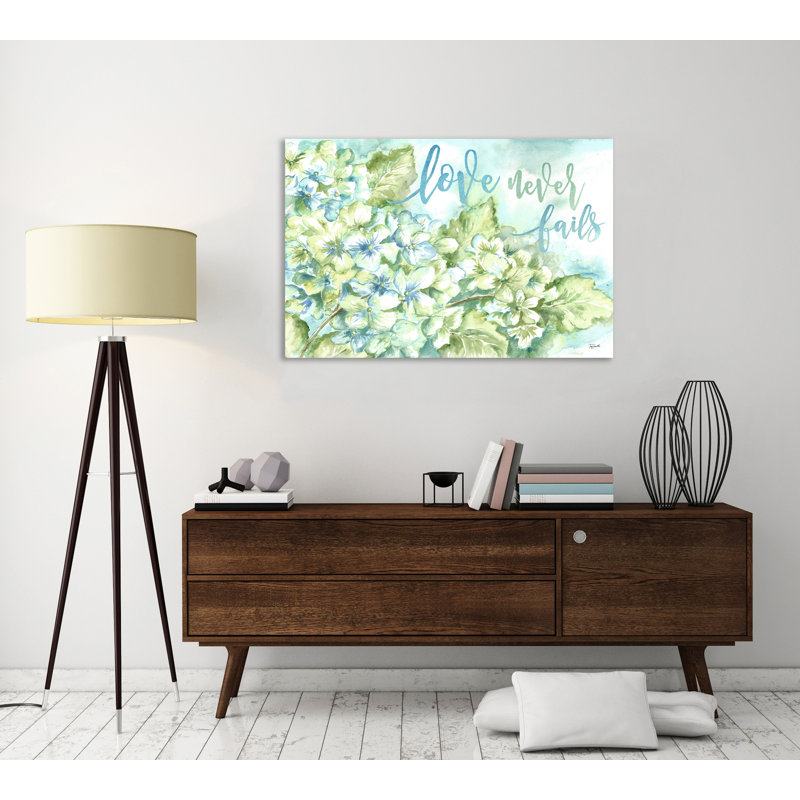 « aquarelle hortensias : love never unechec », reproduction de peinture à l’aquarelle sur toile tendue, 10 po x 15 po