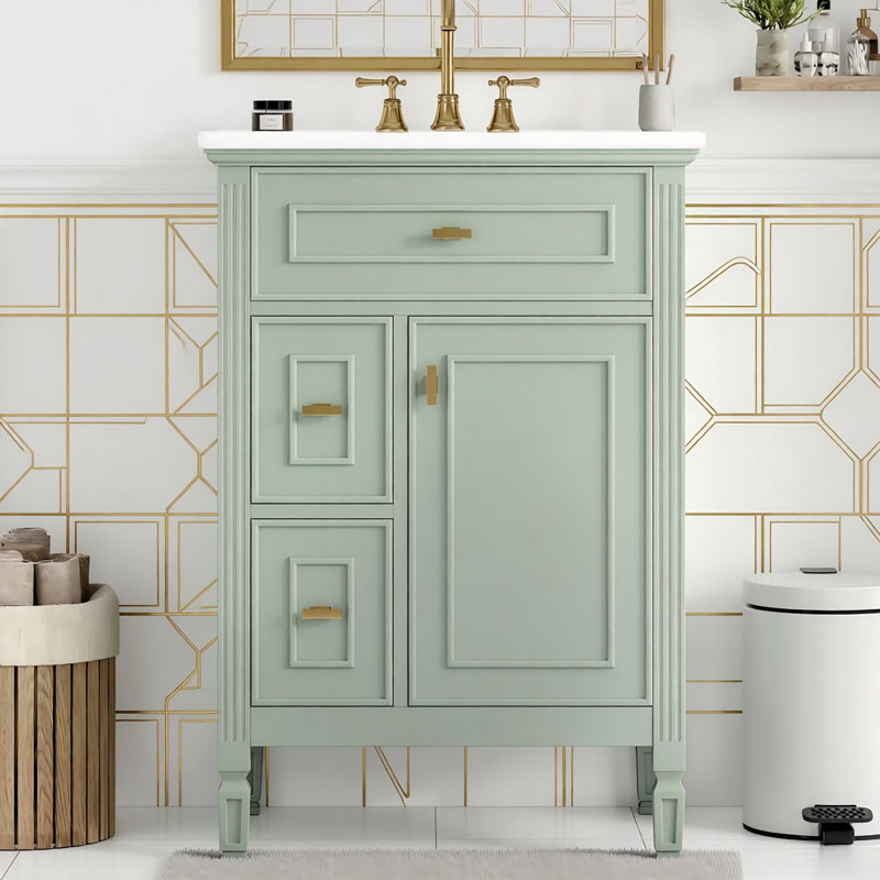 Meuble-lavabo de 24 po avec lavabo, armoire en bois massif et panneau de fibres à densité moyenne avec un tiroir rabattable, deux tiroirs standard et une tablette réglable, meuble-lavabo vert autoportant pour le rangement de la salle de bain