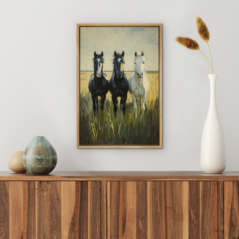 «Black and White Horses In The Field», reproduction d'art sur toile encadrée rustique moderne, H 24 po x l 16 po, Naturel