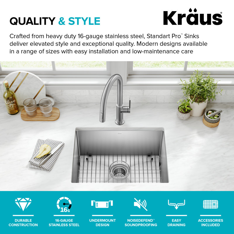 KRAUS Standart Pro Undermount 16 Gauge Stainless Steel Bar Kitchen Sink, 10" H x 17" W x 17" L, Single Bowl