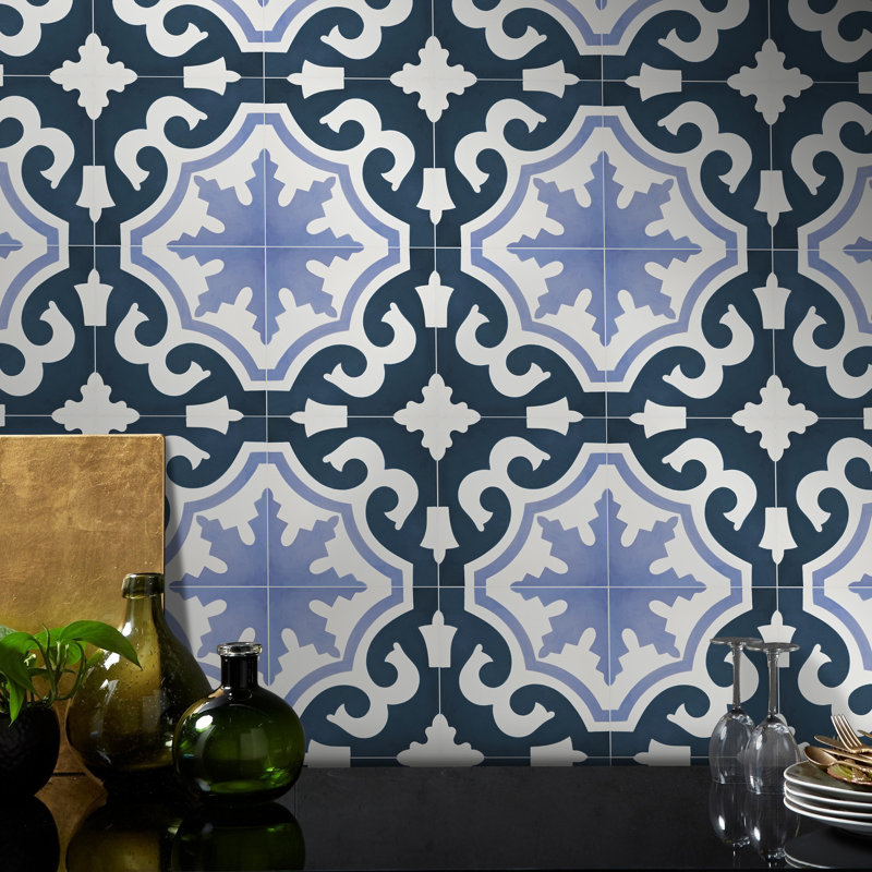 Tanger 8" x 8" Cement Patterned Wall & Floor Tile, White/Navy Blue