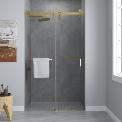 Porte de douche coulissante simple sans cadre à fermeture en douceur de 60 po x H 76 po avec verre trempé de 5/16 po (8 mm), bande de rétention d'eau en métal