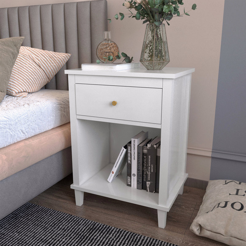  Aldreth 1 Drawer Nightstand, Side Table With Shelf, Side Table, Small Side Table, Modern End Table, White