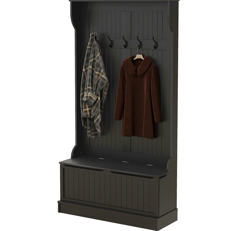 3-In-1 Entryway Hall Tree With Storage Bench, Coat Rack With Four Hooks And Shoe Storage, Black