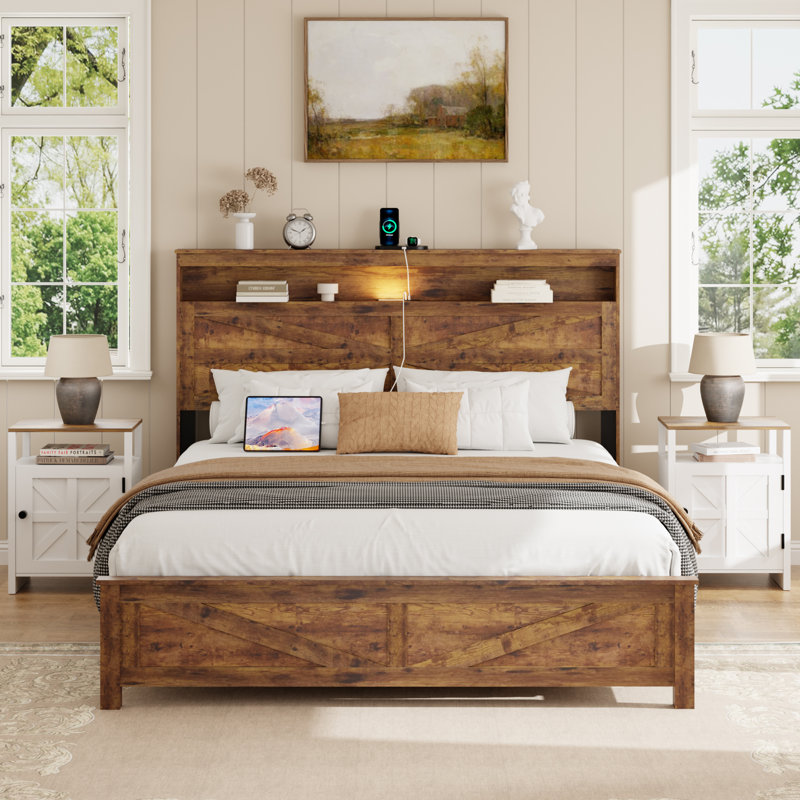 Base de lit en bois pour grand lit avec tête de lit avec rangement, base de lit plateforme avec lumières DEL et station de charge, brun