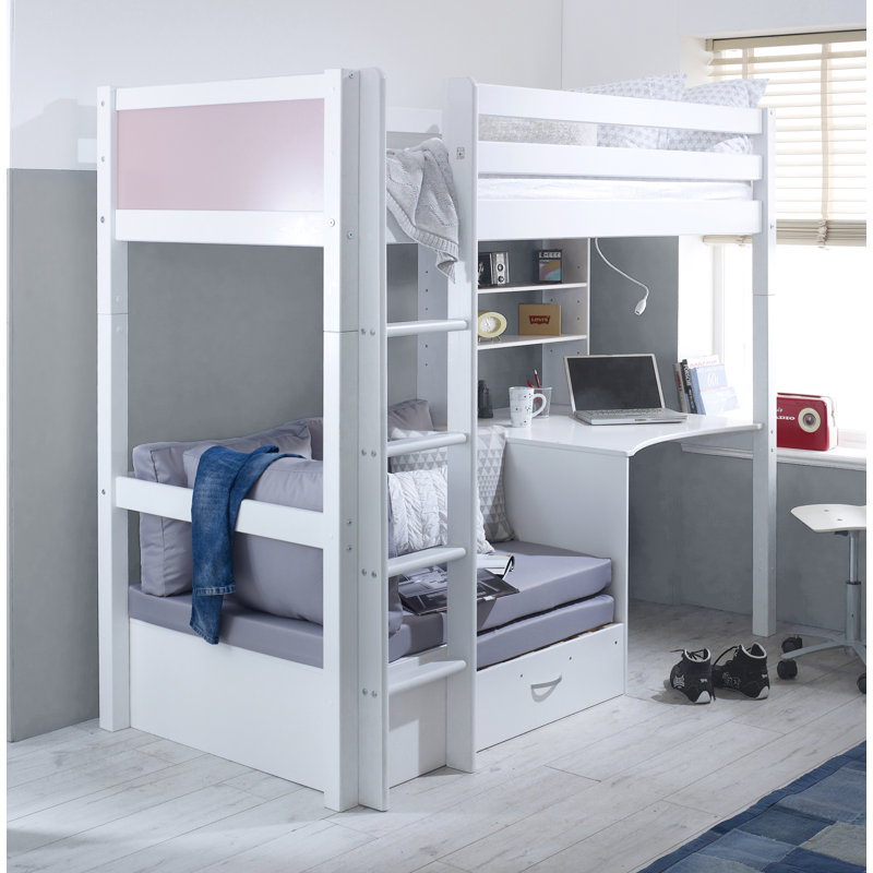 Solorzano European Single (90 x 200cm) High Sleeper Loft Bed Bed with Bookcase, White/Rose, Silver