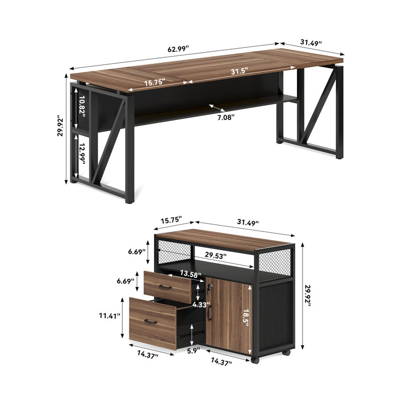 Bureau d'ordinateur de bureau moderne 63 po et classeur latéral 31 po, mobilier de bureau professionnel, Brun / noir