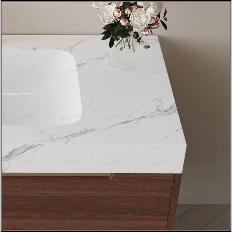 Meuble-lavabo 35,4 po à dessus en pierre frittée avec lavabo encastré, Noyer
