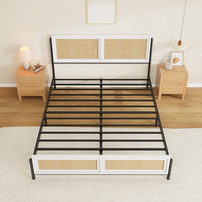 Full Rattan Platform Bed Frame, Wooden Bed with Rattan Headboard & Footboard, No Box Spring Needed, White
