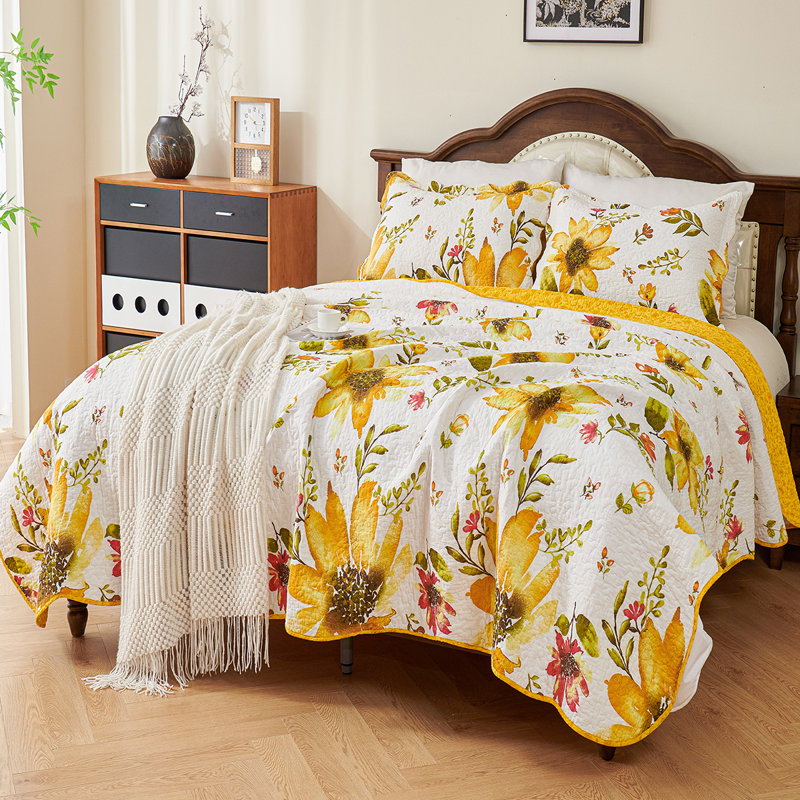 100% Cotton Classic Floral Quilt Sets,Sunflower Bedding Set Reversible Soft Bedspread with Shams, King Quilt + 2 King Shams
