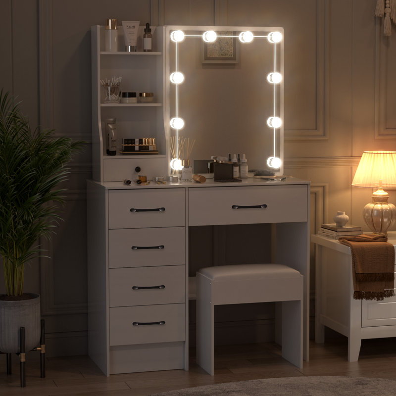 Luquantra White Vanity Desk with Lighted Mirror and LED Light Bulbs, Dressing Table with Cushioned Stool, Drawers and Storage Shelves