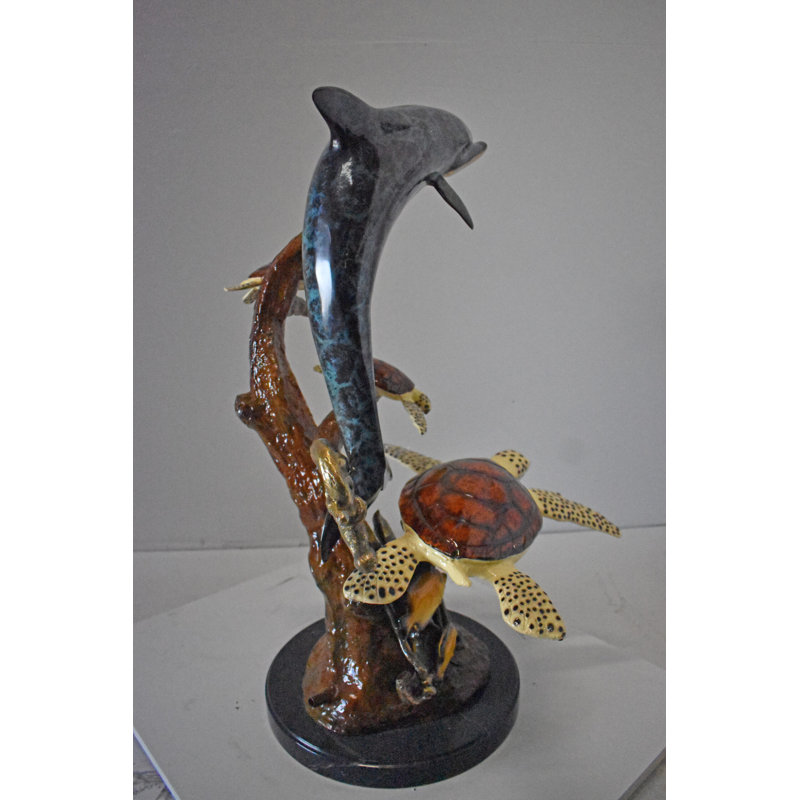 Dolphin With Three Turtles Bronze Statue Fountain - Size: 23"L X 22"W X 35"H.