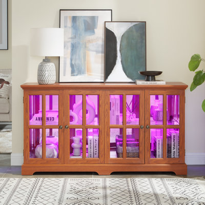 59.06''W Display Cabinet With Adjustable Shelf For Book And Collection Storage And LED Light(Dark Oak)