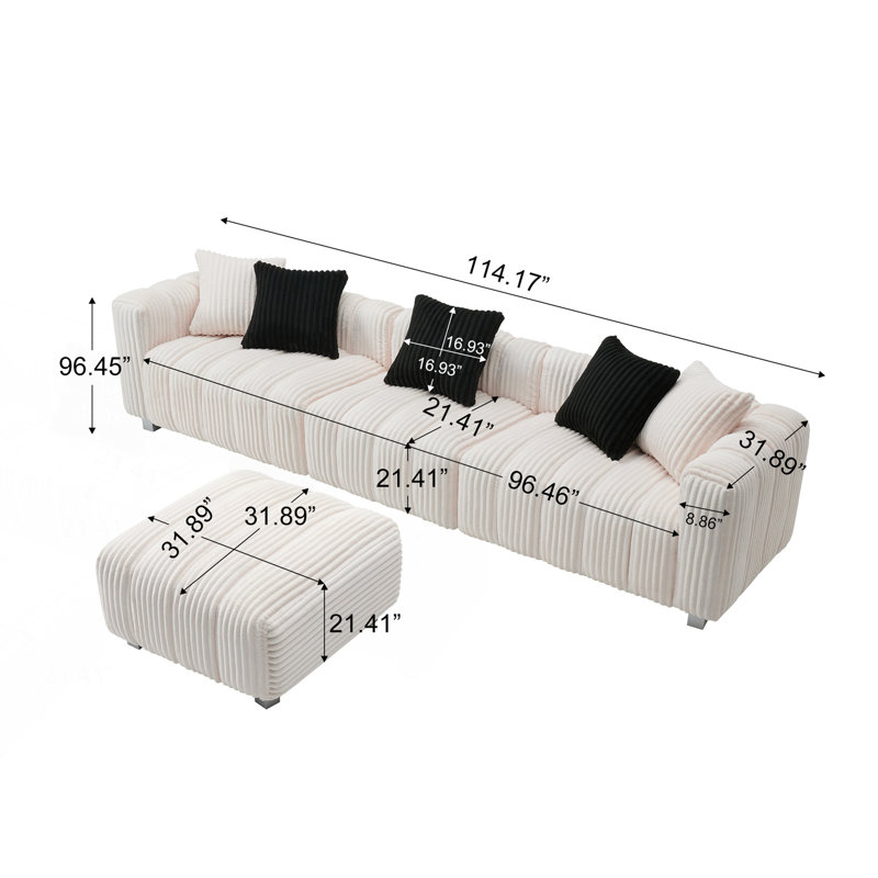 Canapé 3 places avec repose-pieds, canapé confortable, Blanc lait