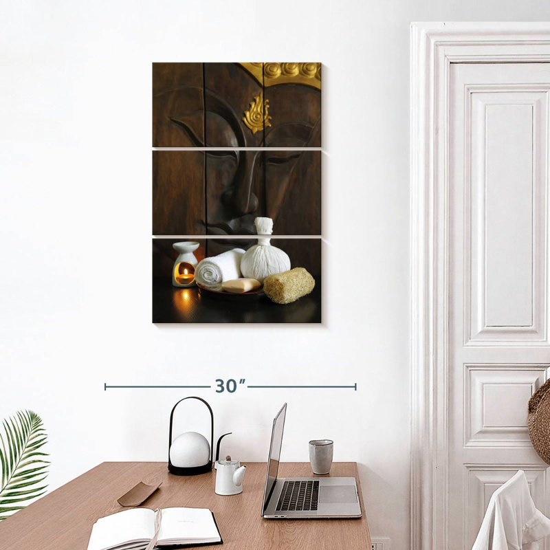 Bouddha en bois sculpté sur toile 3 pièces, H 20 po x l 32 po x P 1,25 po