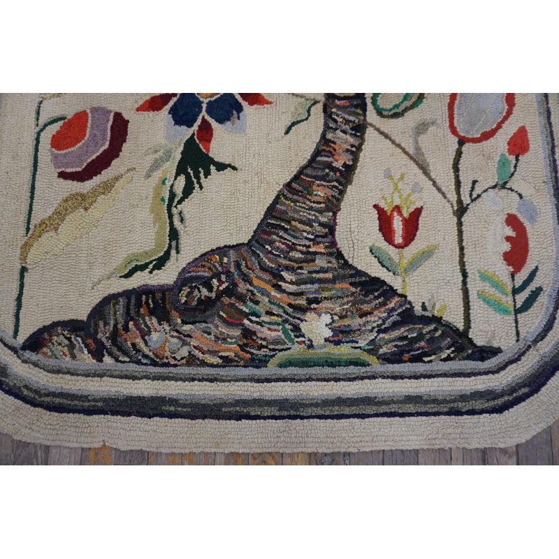 Ivory Artistic Antique Folk Art Tree Of Life Design American Hooked Rug