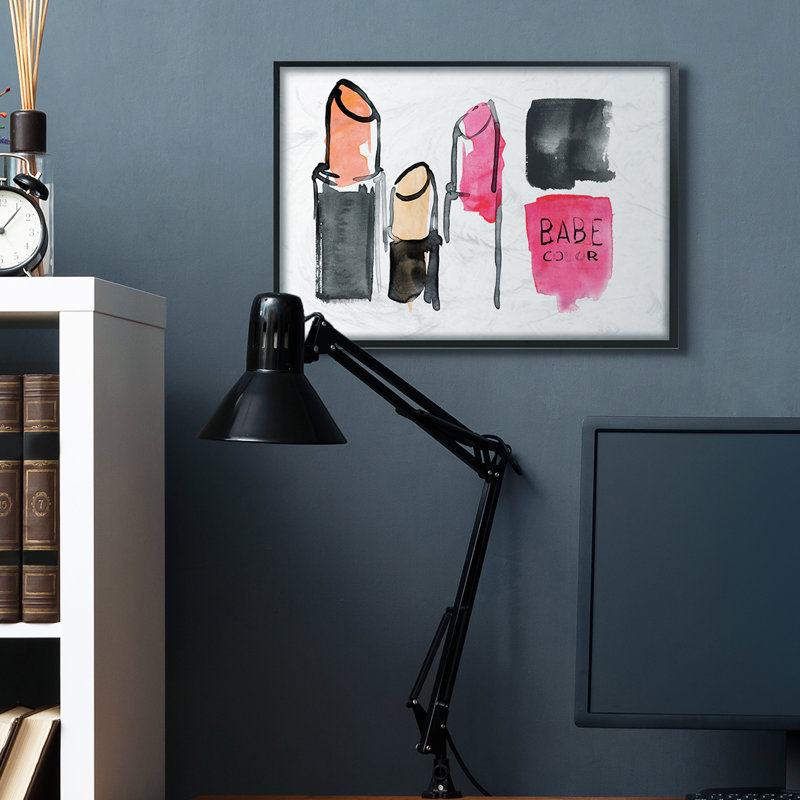 Aquarelle, rose, cosmétiques, mode abstraite, nature morte, H 24 po x l 30 po, Giclée encadrée noir minuit