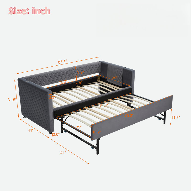 Diamond Grid Velvet Daybed With Usb Charging, Side Pocket And Trundle, Gray