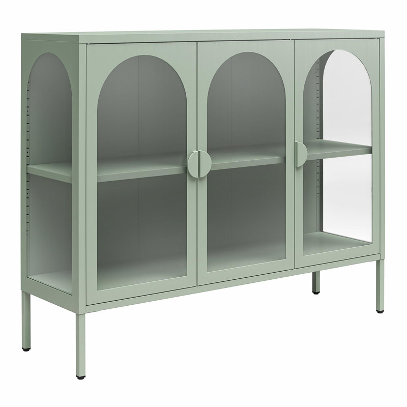 Pale Green Metal Accent Cabinet with Adjustable Shelving and Glass Doors