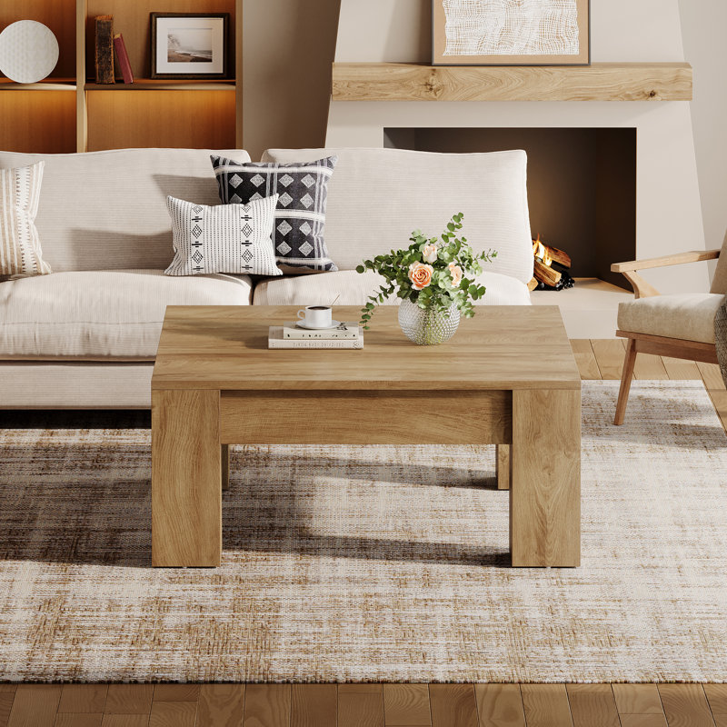 Table basse carrée 39 po, table basse de salon en bois rustique avec pieds robustes, finition naturelle