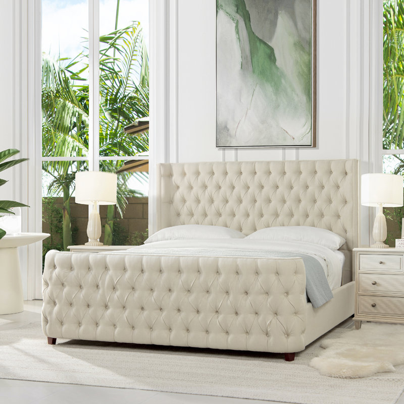 Currier Upholstered Wingback Bed, King, Light Beige Linen