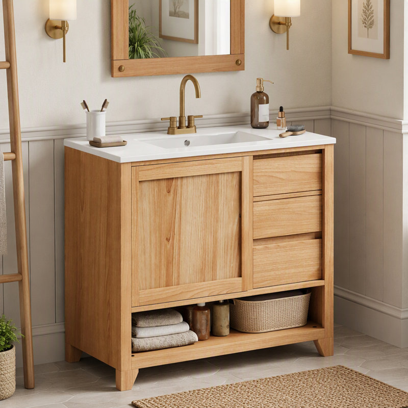 Meuble-lavabo de salle de bain moderne et rustique de 91 cm (36 pouces) avec tiroirs et tablette ouverte