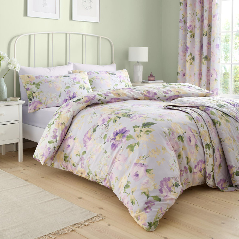 Flourette Cotton Blend Floral Duvet Cover Set with Pillowcases Included, Super King Duvet Cover Set + 2 Pillowcases