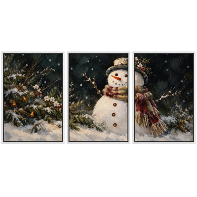 Tableau de Noël Bonhomme de neige Forêt d'hiver, Décoration murale pour salon, Impression giclée sur toile encadrée, 3 pièces - 40 x 60 cm (x3 pièces), 60 x 90 cm (x3 pièces)