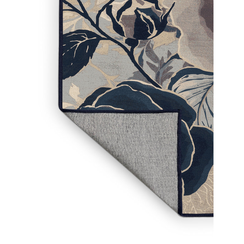 Machine Washable Parrilla Tea Rose French Floral Rug in Beige – Navy Binding, 8' Square