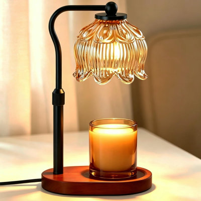 Flower Candle Warmer Lamp, Adjustable Height Electric Candle Lamp with Timer & Dimmer, Wooden Base Wax Warmer, Christmas Birthday Housewarming Gifts for Women Mom, Walnut-Champagne