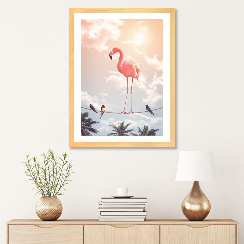 «Flamingo & Friends» par Jonas Loose - impression d'art graphique, H 32 po x l 24 po x P 1 po, Papier encadré naturel