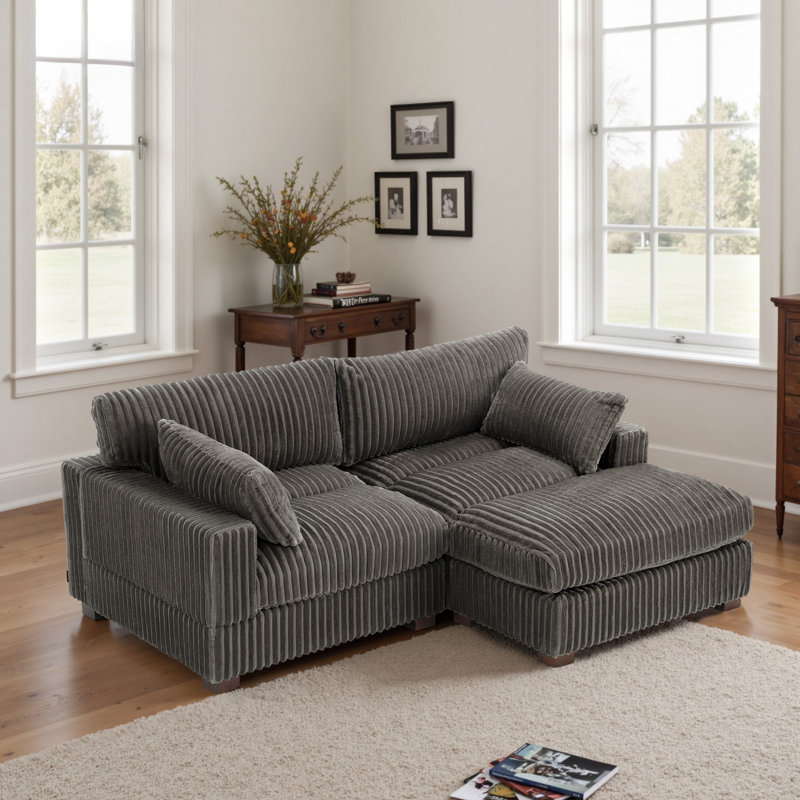 3 - Piece Upholstered Light Gray Faux Rabbit Fur Flannel Reversible Modular Sofa Living Room Sectional Couch with Ottoman