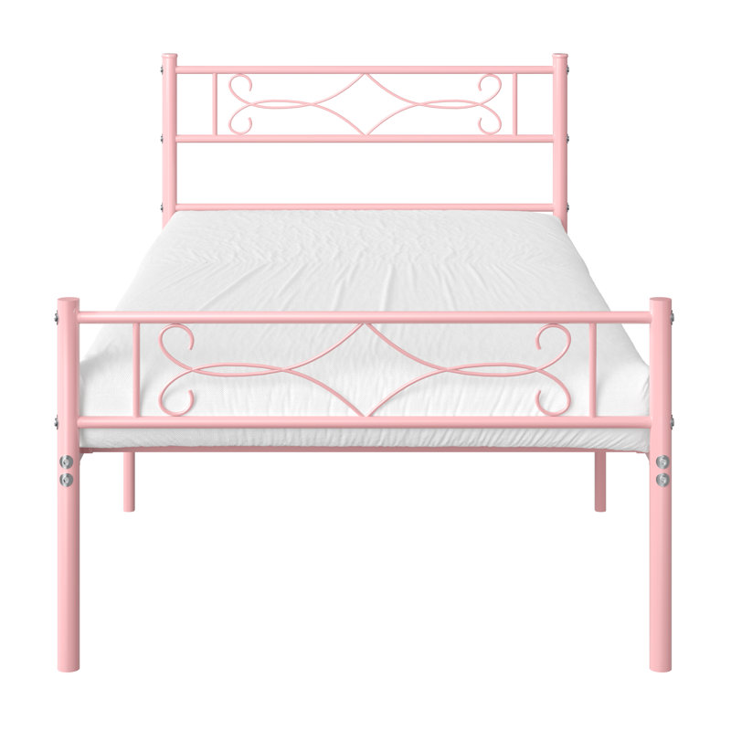 Twin Bed Frame Metal Platform Bed Frame with Headboard & Footboard,  Mattress Foundation ,No Box Spring Needed, Twin, Pink