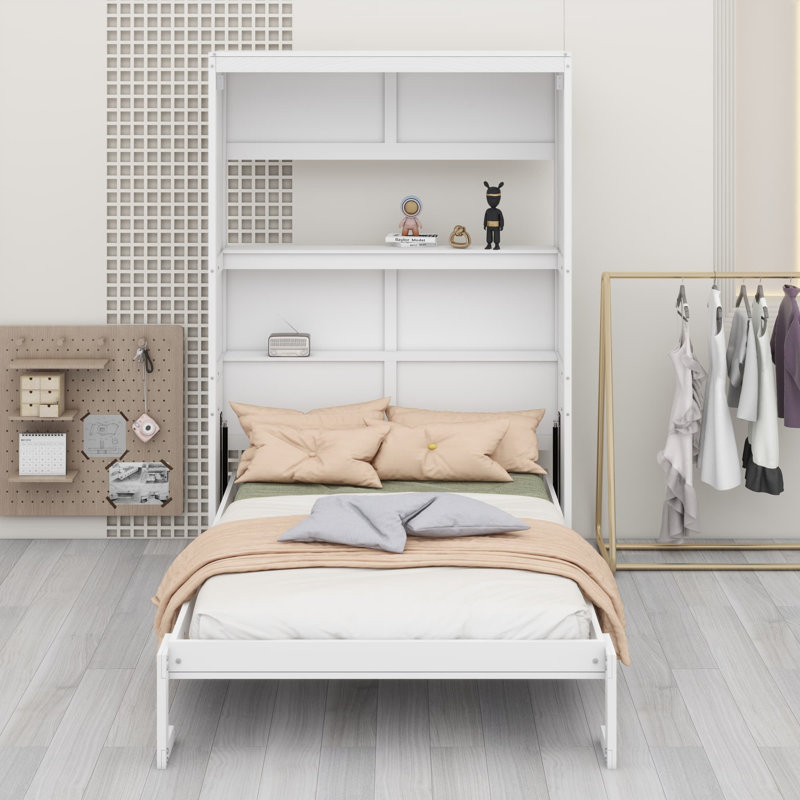 Murphy Bed Cabinet with Built-In Shelves & Hydraulic Lift, Full, White