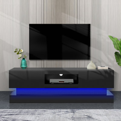 Meuble télé 51,18 pouces noir avec lumières DEL, meuble télé ultrabrillant à l'avant, peut être assemblé dans un salon, un salon ou une chambre à coucher, couleur: NOIR