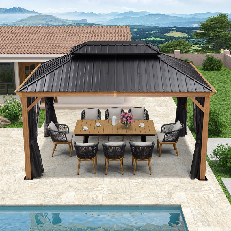 Purple Leaf Outdoor Wood Grain Aluminum Frame Gazebos, 10'x12', Gazebo