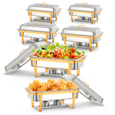 6 Pack Gold Plated Stainless Steel Chafing Dish Buffet Set, 9L Food Warmer with Lid Holder, Serving Spoon & Tweezers, for Catering Wedding Banquet Party