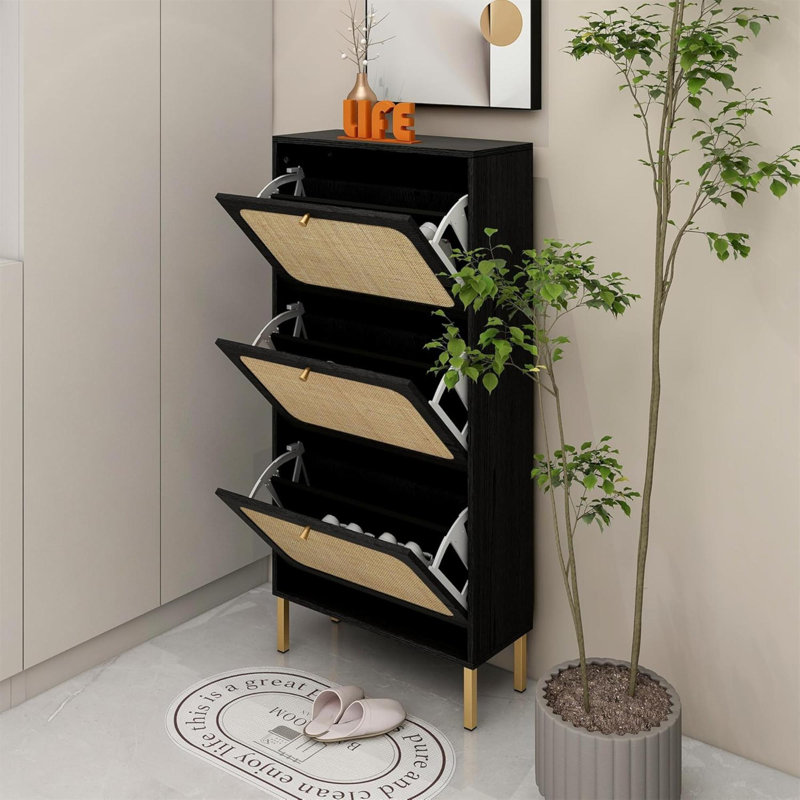 Shoe Cabinet Storage for Entryway Rattan with 6 Flip Drawers Hidden Shoe Rack Cabinet, Black Wood